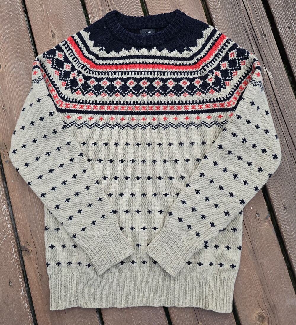 J. Crew Fair Isle Nordic Crewneck Lambs Wool Sweater Womens XS Beige Navy Orange